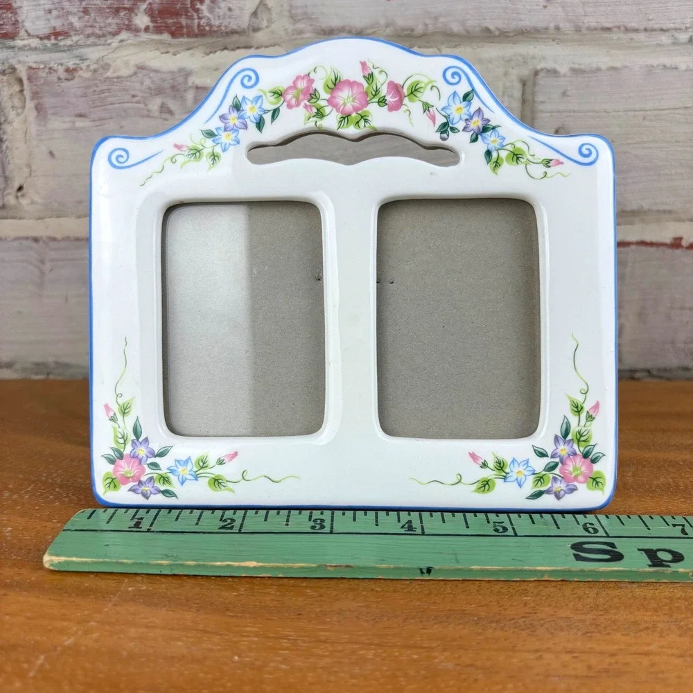 Vintage Ceramic Double Picture Frame Blue Pink Floral Cottagecore Easel Back